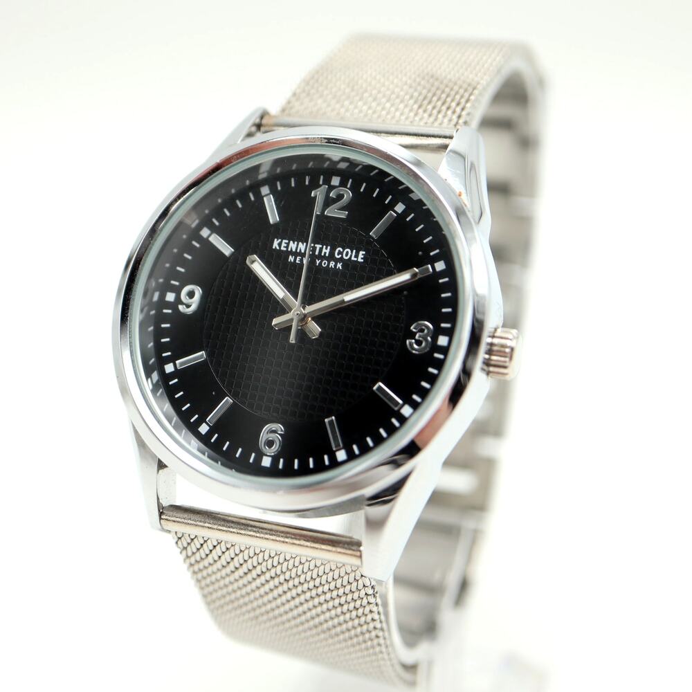 Kenneth Cole NY Mens 40mm Black Dial Watch Silver Tone Metal Mesh w New Battery